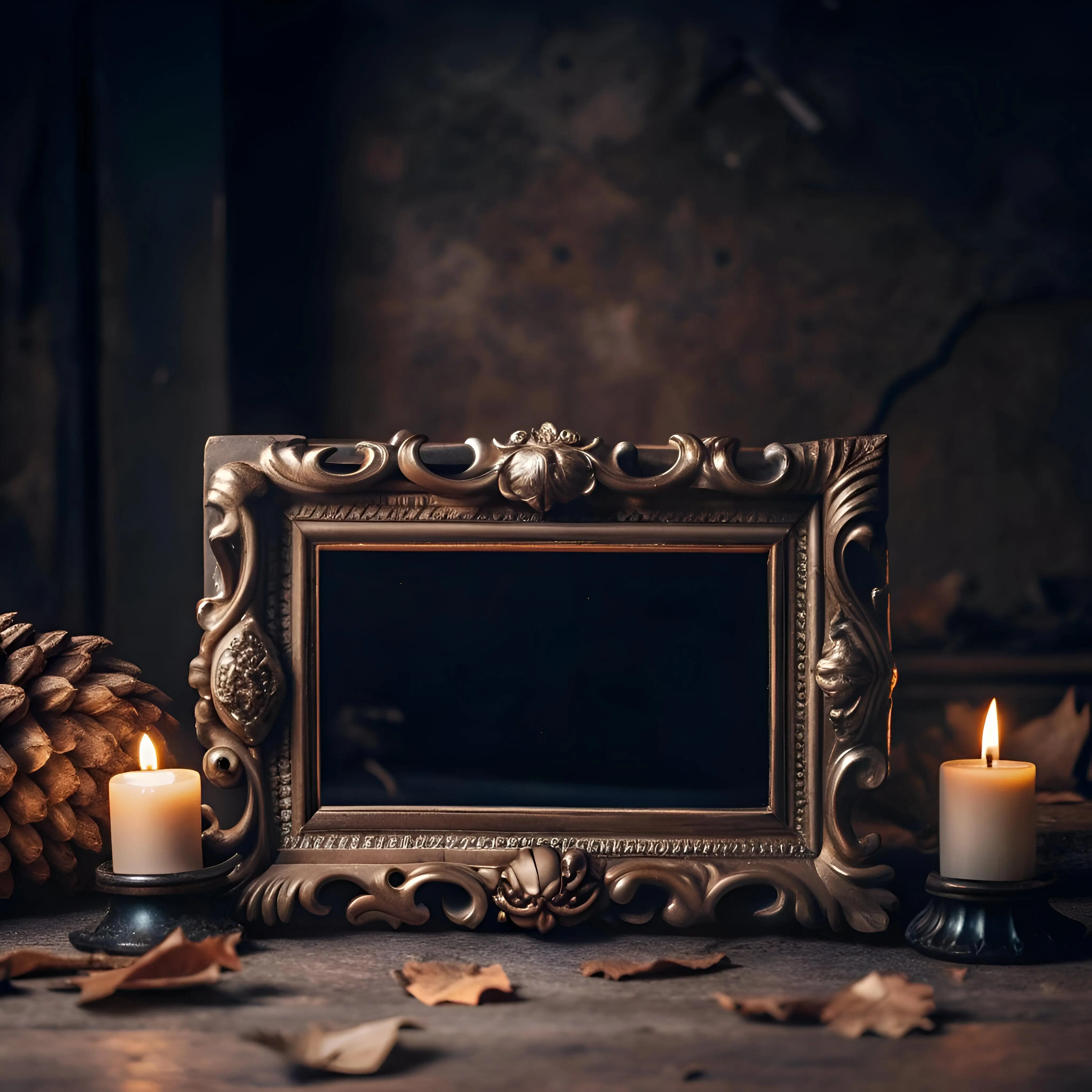 Ein antiker, kunstvoll verzierter Rahmen steht auf einem rustikalen Holztisch und wirft vor einem dunklen Hintergrund einen rätselhaften Schatten.