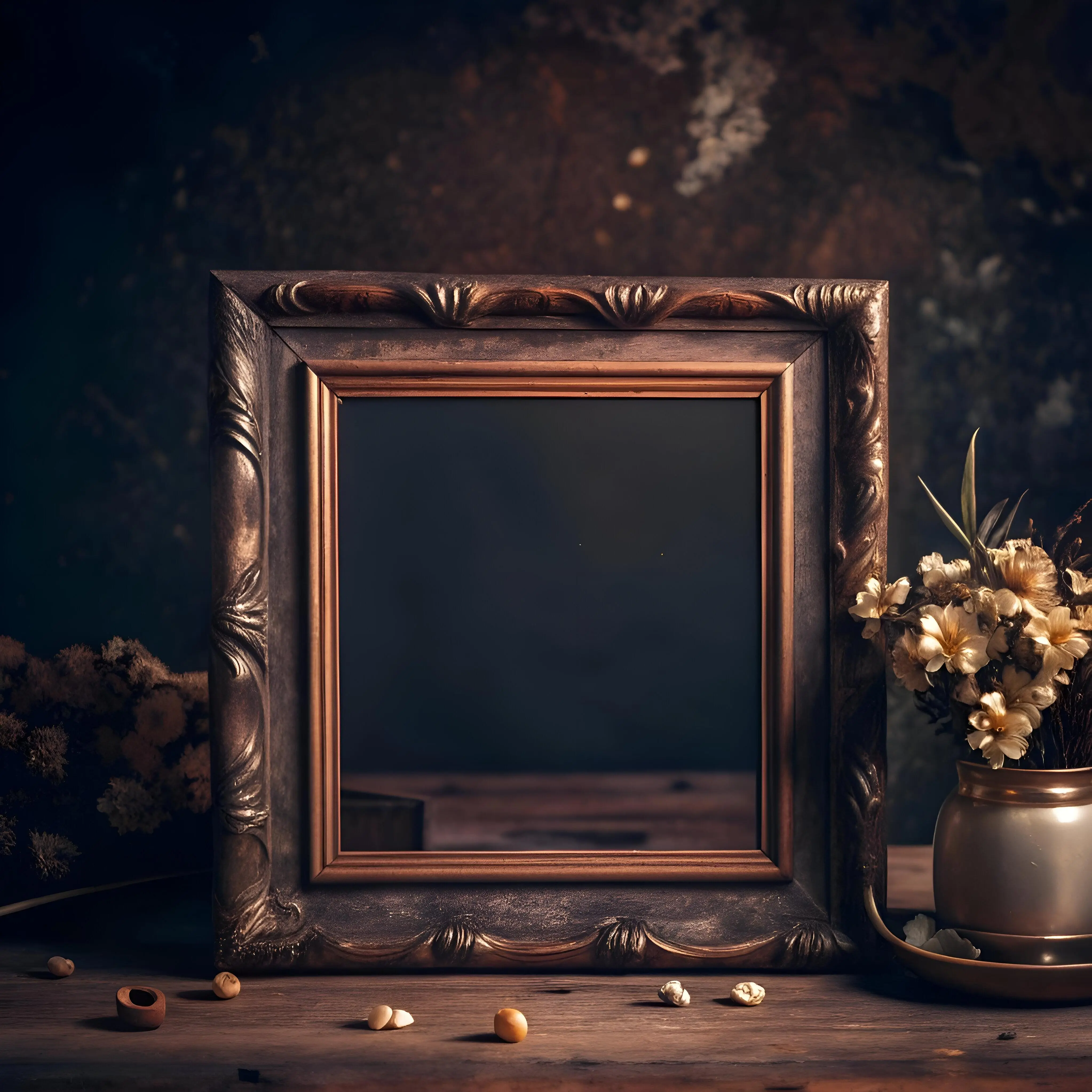 Ein rustikaler Vintage-Bilderrahmen mit aufwendigen Verzierungen vor einem dunklen, strukturierten Hintergrund.