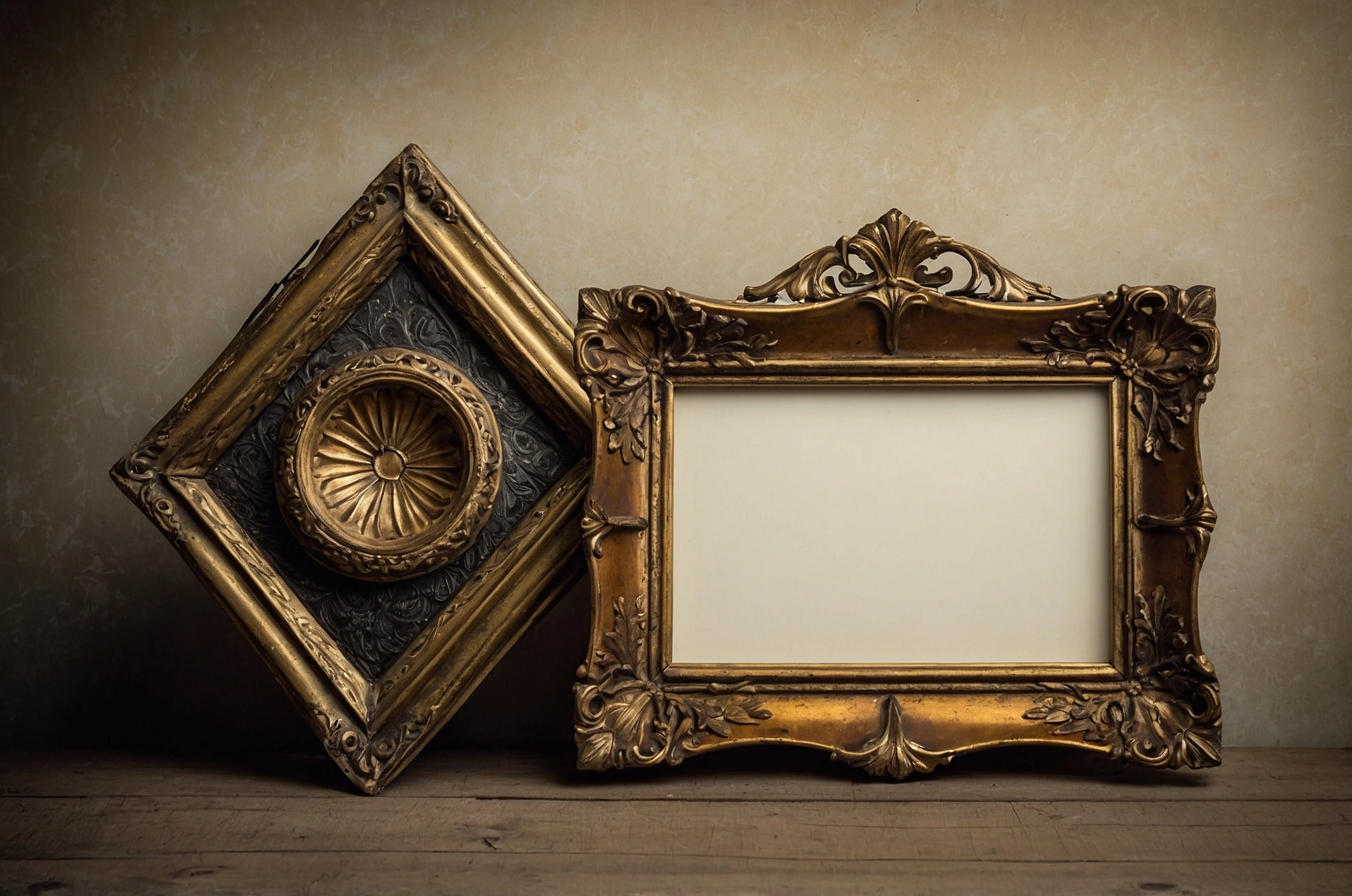 Holzrahmen im Vintage-Stil für Gemälde oder Bild, isoliert an einer weißen Wand.