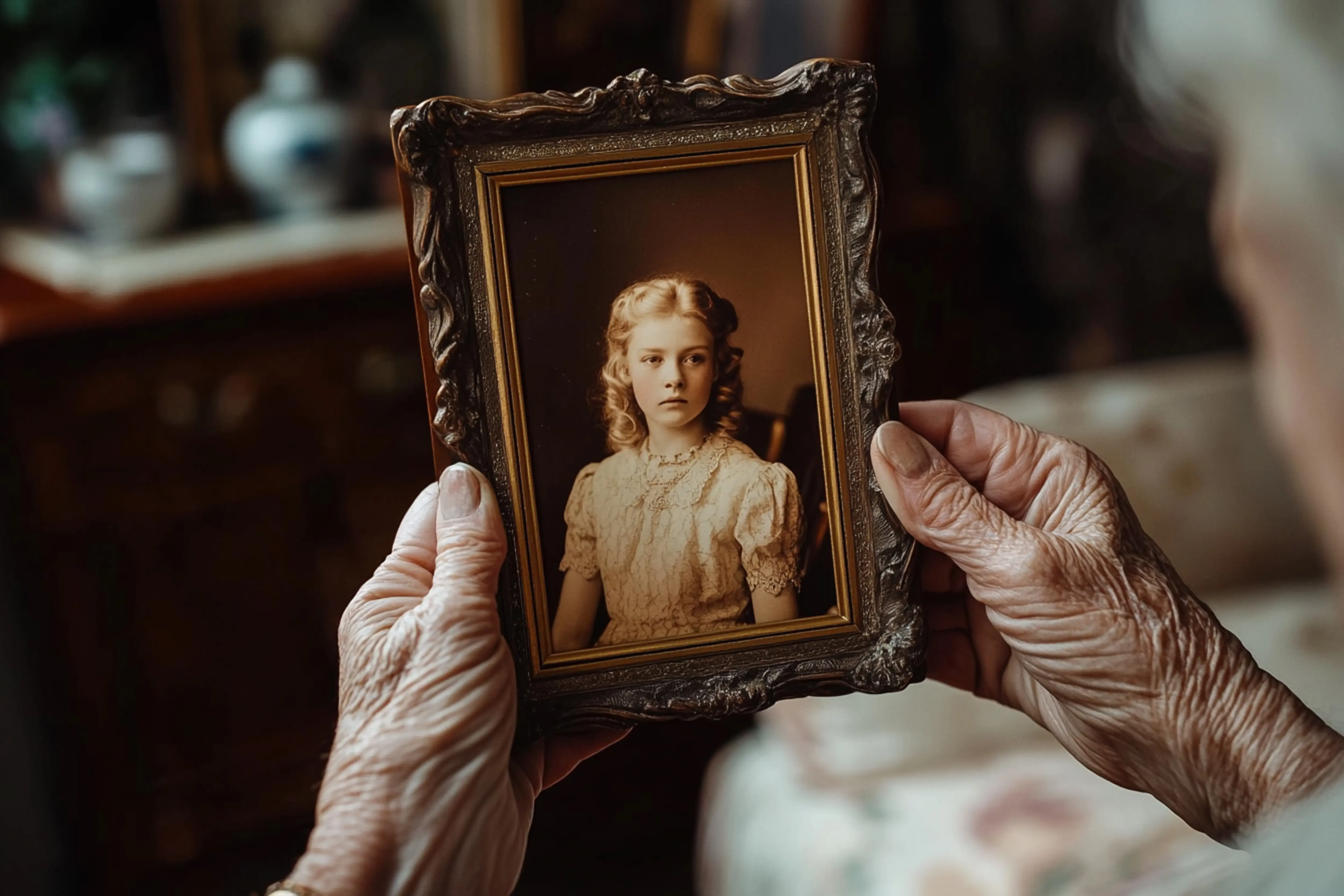 Jemand hält ein Bild eines kleinen Mädchens in einem Bilderrahmen, generative KI.