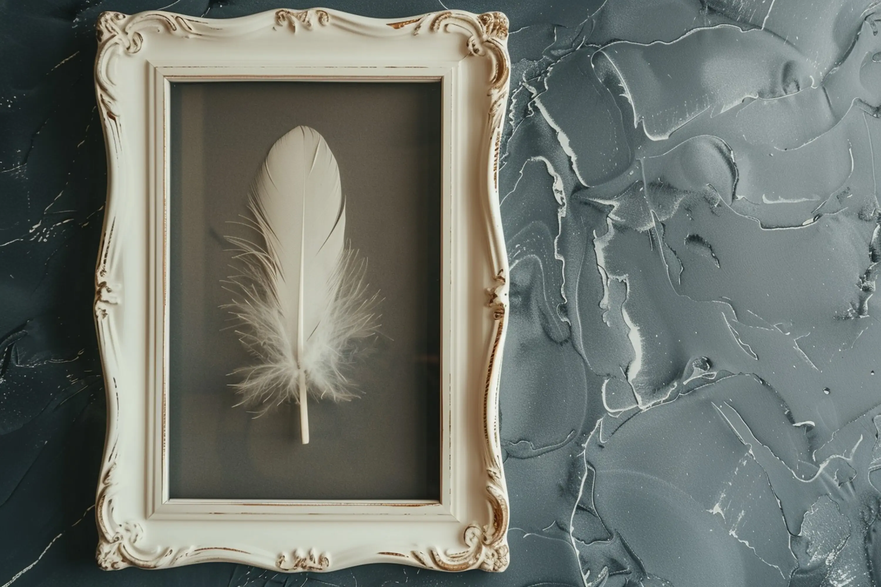 Ein Bilderrahmen mit einem weißen Rahmen und einem Bild einer Feder.